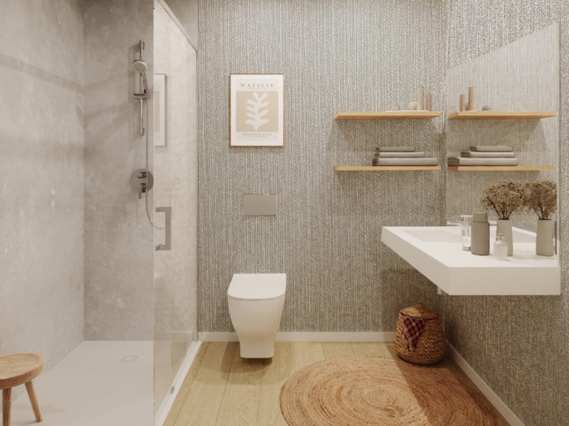 Ejemplo de baño de una vivienda del Edificio Vía Galena. Infografía orientativa a concretar en el desarrollo del proyecto.