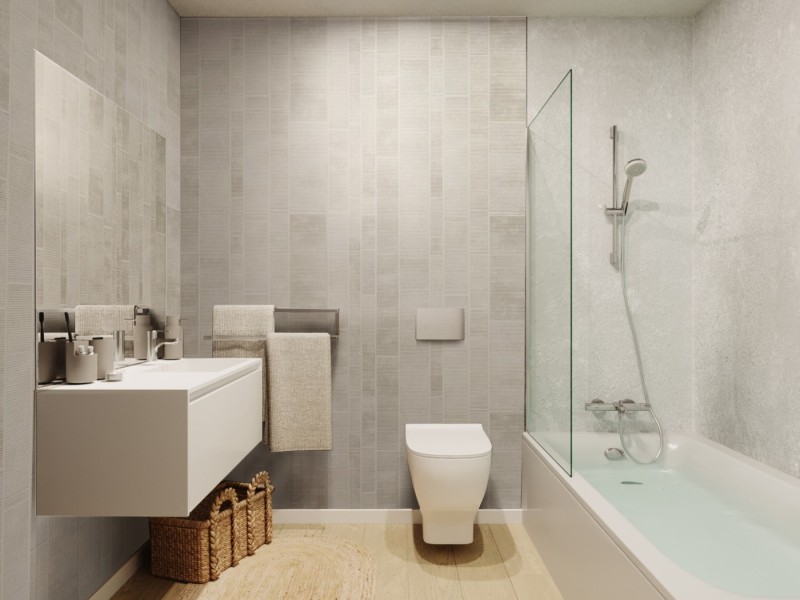 Ejemplo de baño de una vivienda del Edificio Vía Galena. Infografía orientativa a concretar en el desarrollo del proyecto.
