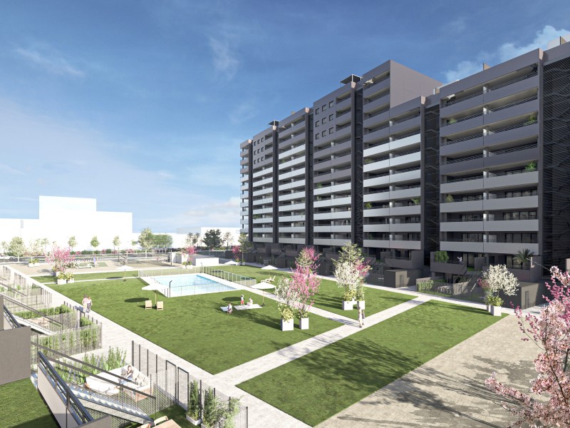 Exclusiva zona común con piscina, pista de pádel y juegos infantiles. Infografía orientativa a concretar en el desarrollo del proyecto.